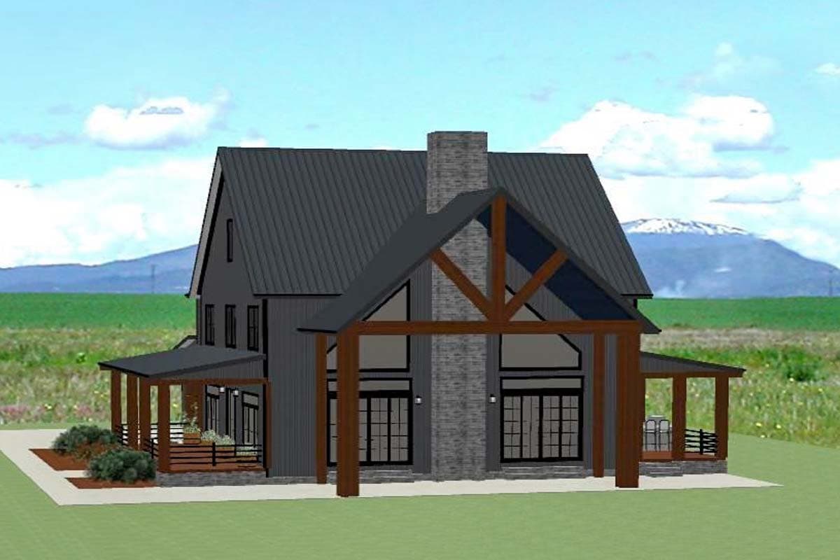 House plan exterior: Modern Farmhouse style, two stories, metal roof, stone chimney, prominent timber framing, and covered porches.