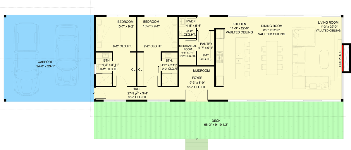 Plan 311047RMZ: Mid-Century Modern Cabin with Carport - 1546 Sq Ft - Architectural Designs - Floor Plan - Main Level - Contemporary, Mid Century Modern, Modern, Mountain