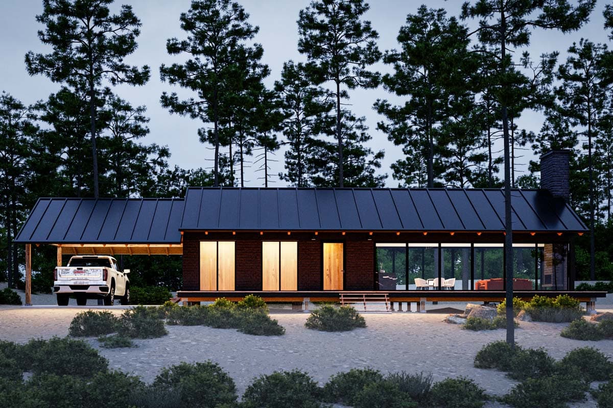 Modern house plan exterior with dark brick facade, expansive glass walls, low-pitched metal roof, and attached carport.