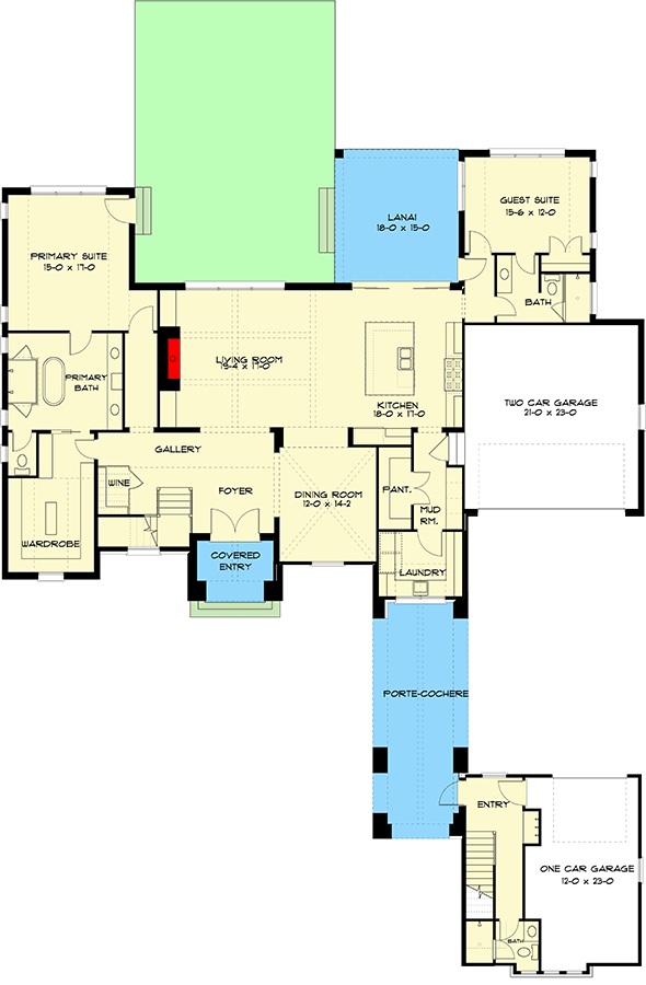 Plan 93201EL: 5-Bed Luxury Transitional House Plan with Porte-Cochere - 4358 Sq Ft - Floor Plan - Main Level - European, Transitional, Tudor