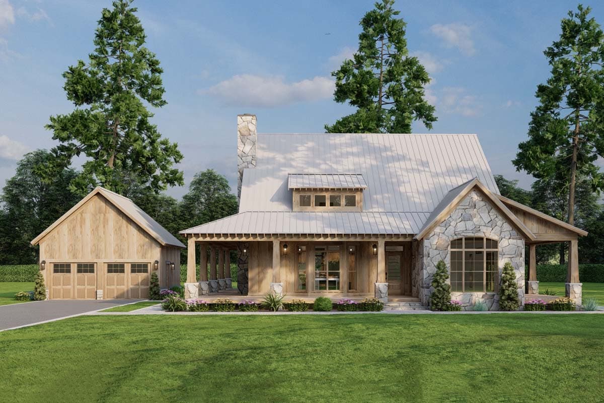 House plan exterior. Modern farmhouse style with a gabled roof, stone chimney, and covered porch with exposed beams. Two-car garage to the left.