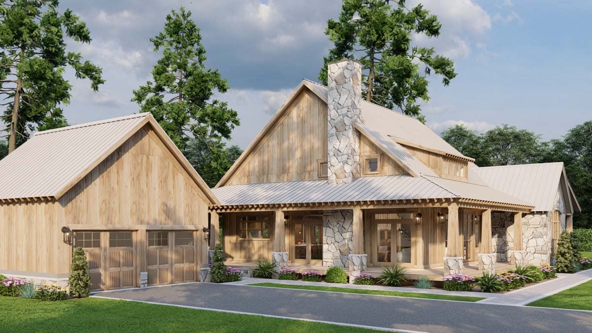 House plan exterior: Modern Farmhouse style, two stories, wood siding, stone chimney, covered porch, and attached garage.