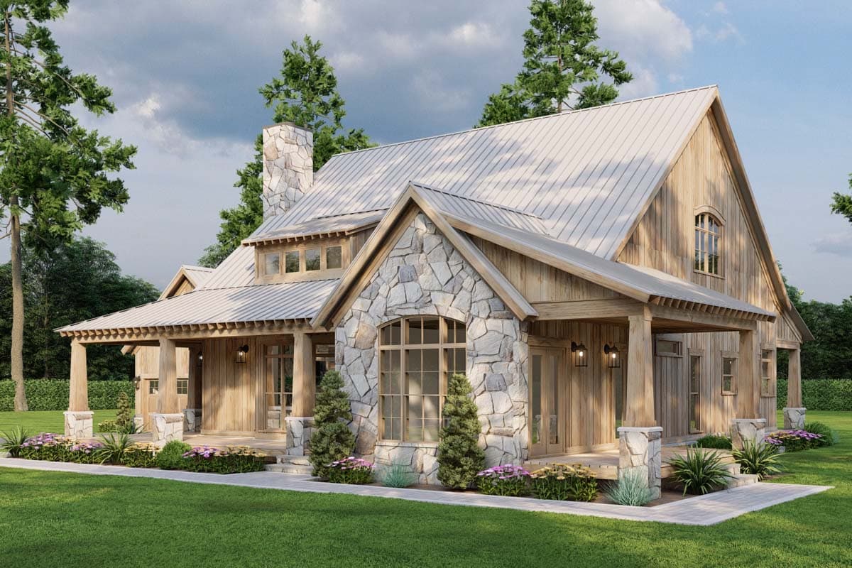 House plan exterior showing a Modern Farmhouse style with stone accents, a covered porch, metal roof, and large windows.