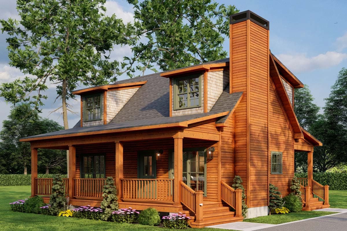 House plan exterior. Two-story Craftsman home with a front porch, gabled roof, dormers, and a prominent chimney.