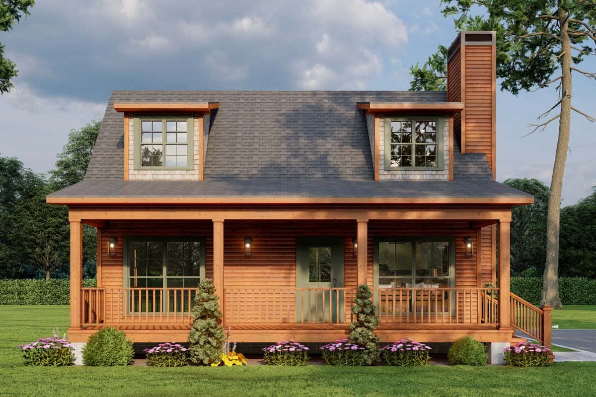House plan exterior: Gambrel roof, front porch with railing, dormer windows, and wood siding.