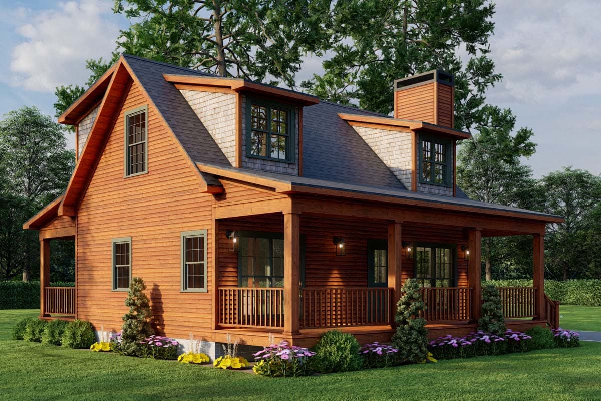 House plan exterior with a full front porch, dormers, and wood shingle accents. Two stories with a steeply pitched gable.