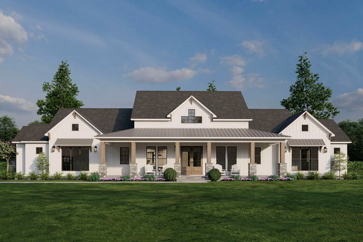 House plan exterior. Two-story Modern Farmhouse with a gabled roof, covered porch with columns, and dormers.