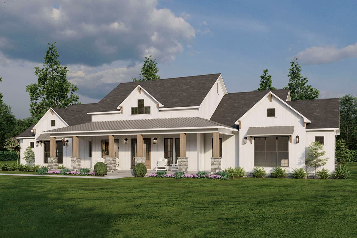 Modern farmhouse style house plan exterior with wraparound porch, stone accents, and multiple gables.