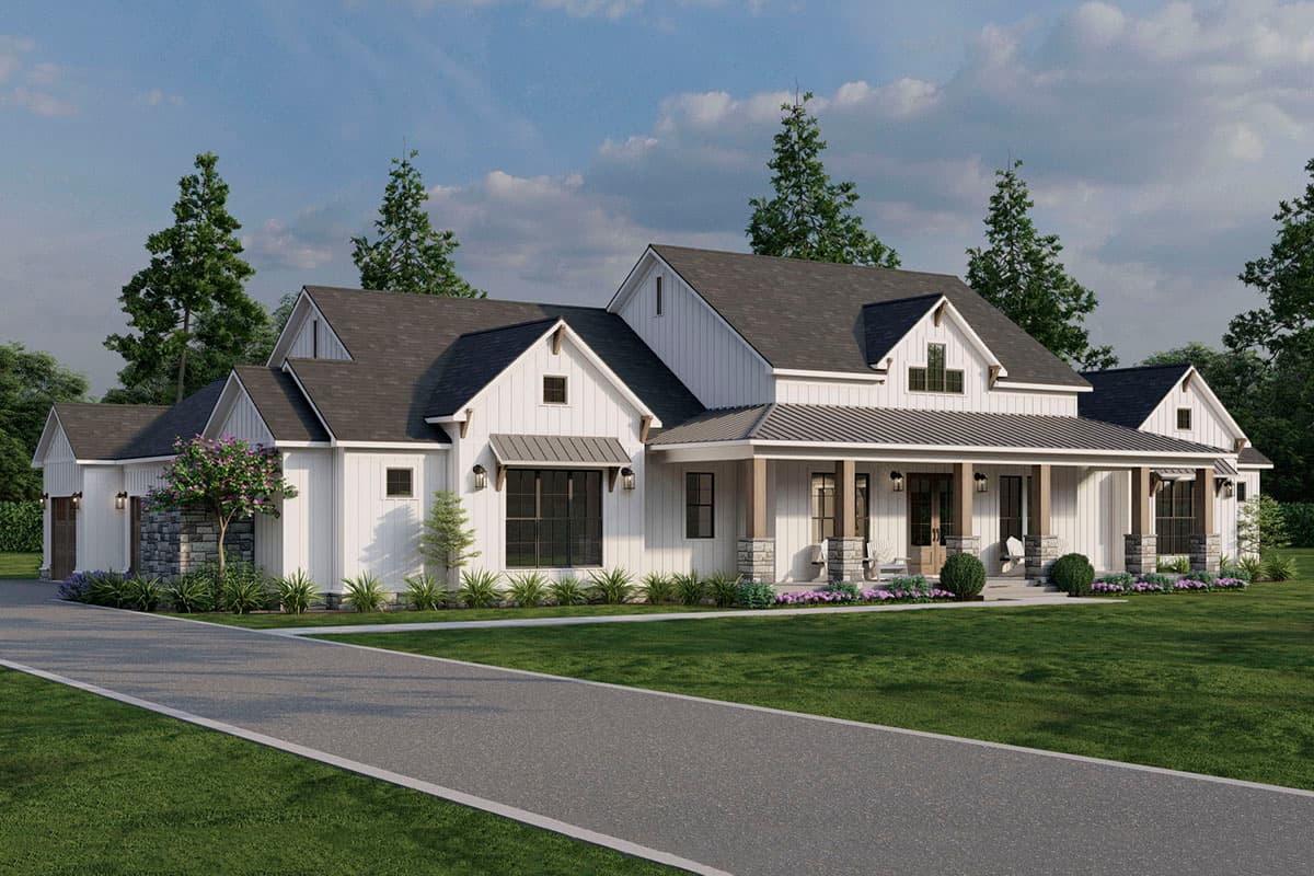 Modern Farmhouse house plan exterior with a wraparound porch, gables, dormers, and a detached garage.