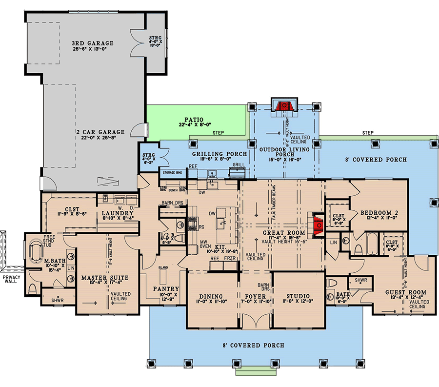 Plan 70866MK: Balanced Farmhouse Plan with 3-Car Garage - 2481 Sq Ft - Floor Plan - Main Level - Country, Farmhouse, Modern Farmhouse, New American