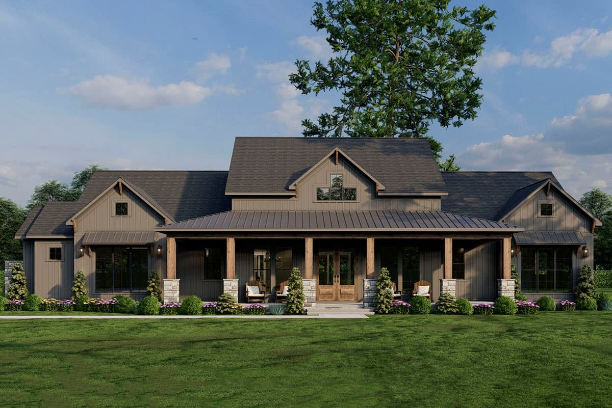 Modern Farmhouse house plan exterior with a wide covered porch, stone accents, and multiple gables.