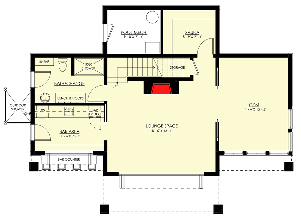 Plan 270084AF: Pool House Plan with Bed, Bar and Gym - 1252 Sq Ft - Architectural Designs - Floor Plan - Main Level - Country, Shingle, Traditional