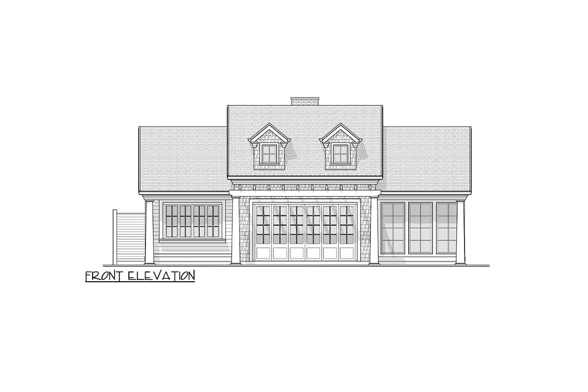 Front elevation drawing of a two-story house with dormers, a central garage door, and multiple windows.