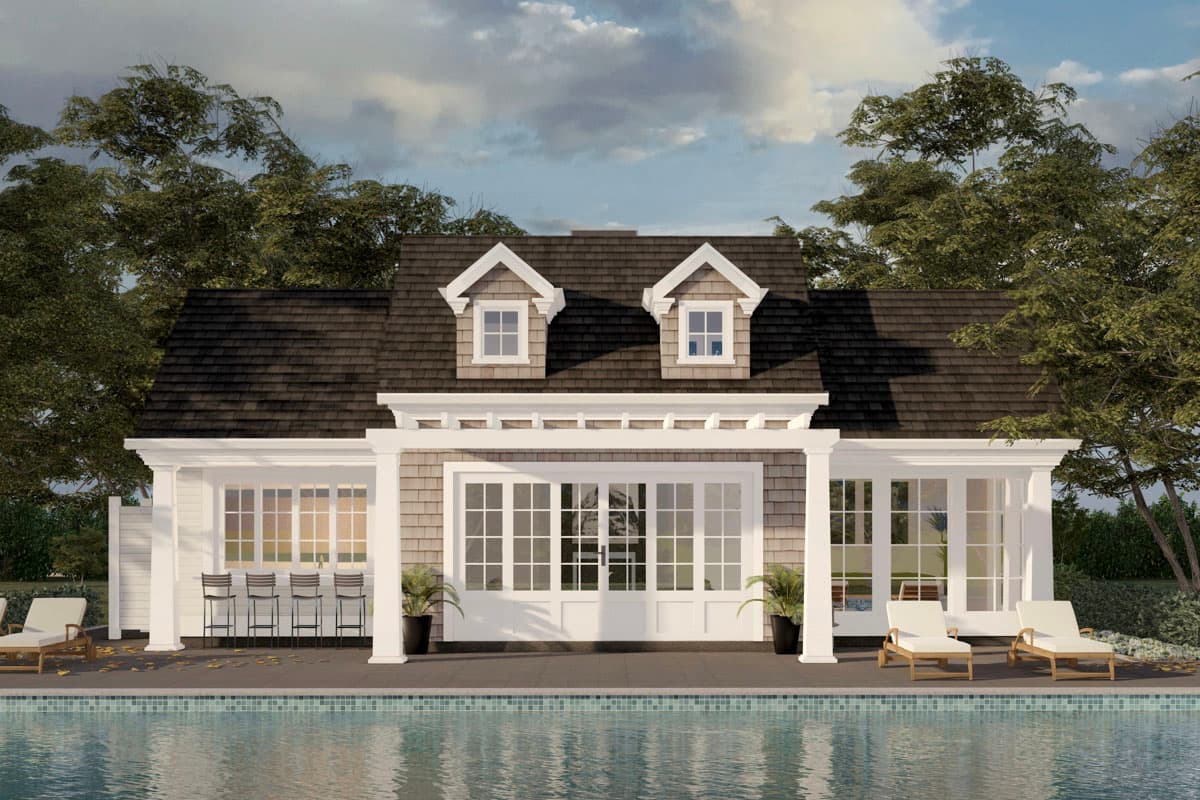 House plan exterior with dormers, shake siding, white trim, double French doors, and a covered outdoor bar area.