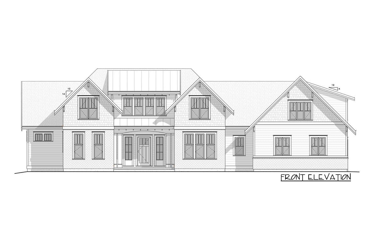 Front elevation of a house plan featuring gables, dormers, and a metal roofline.