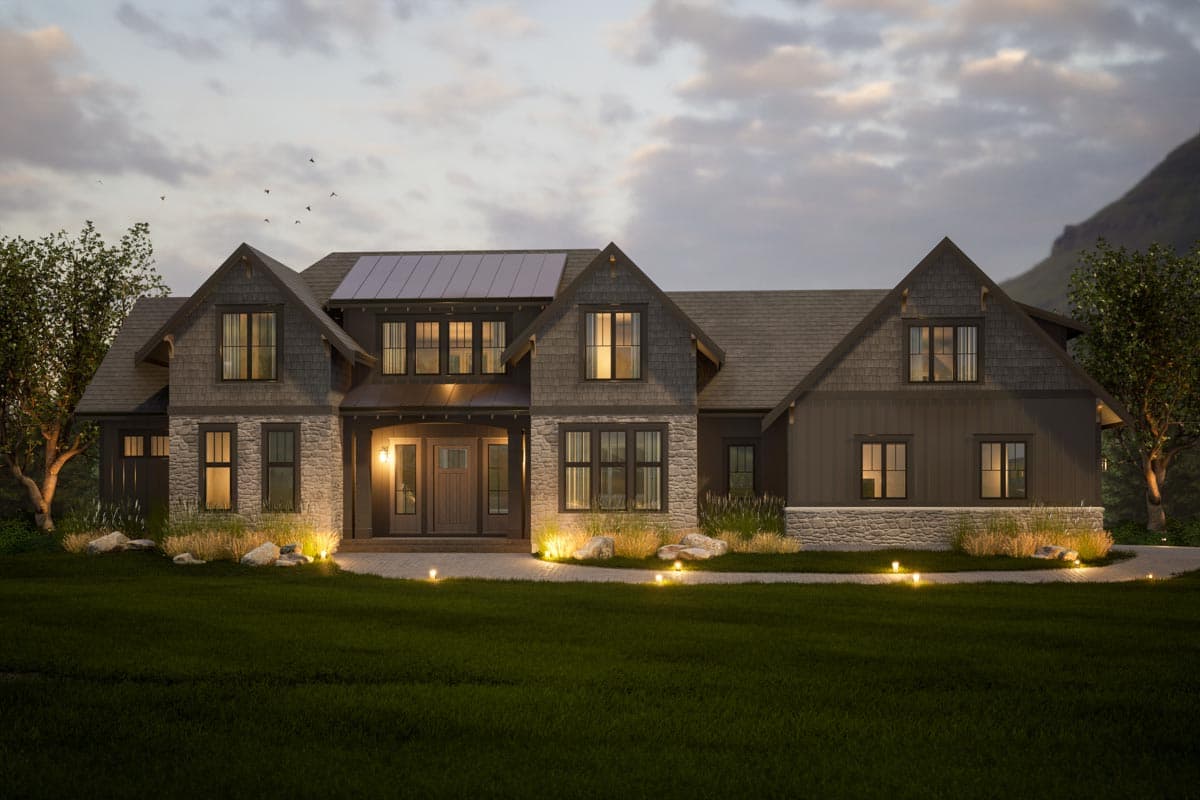 House plan exterior featuring a two-story Modern Farmhouse design with a gabled roofline, stone facade, and covered front porch.