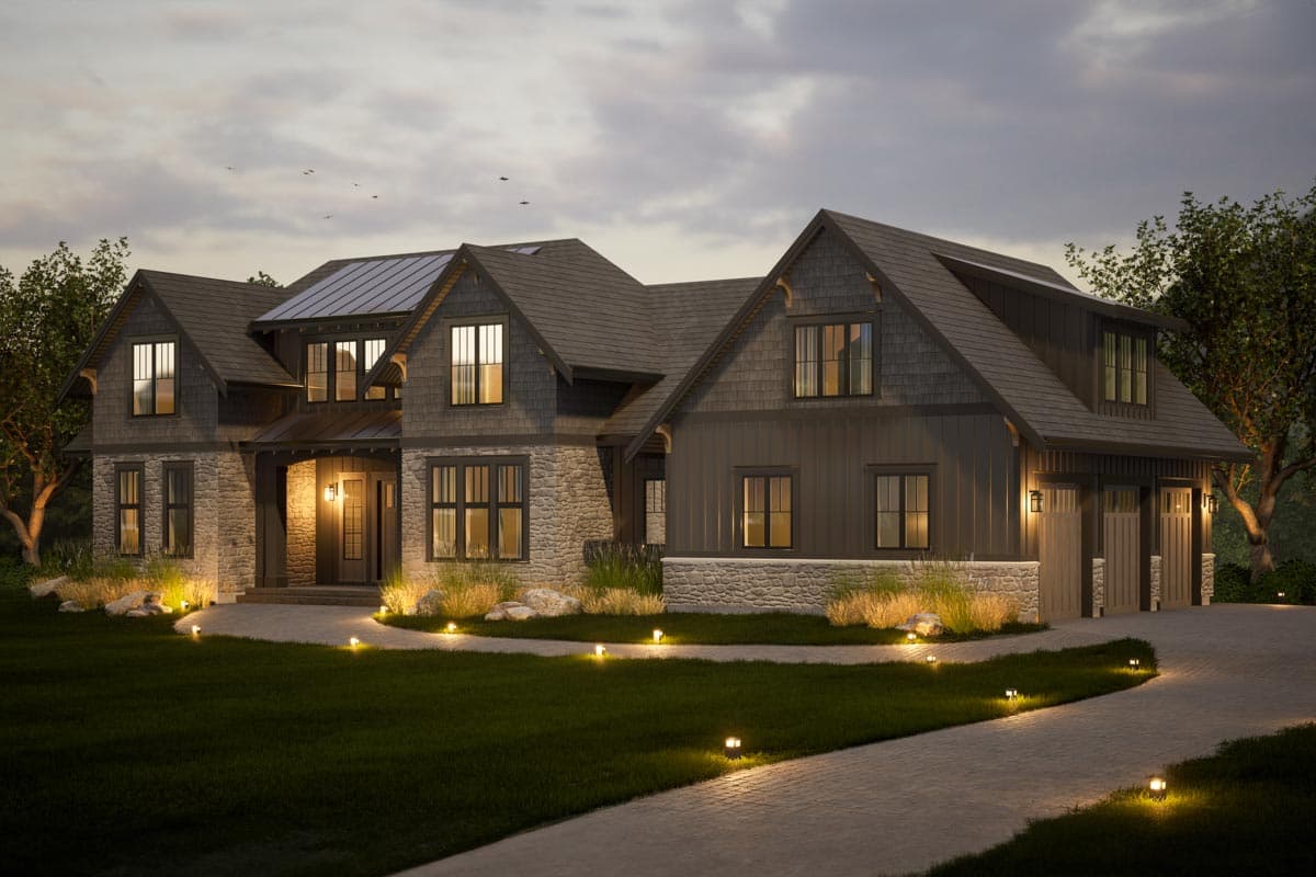 House plan exterior. Two-story modern home with stone and board-and-batten siding, prominent gables, and a metal roof.