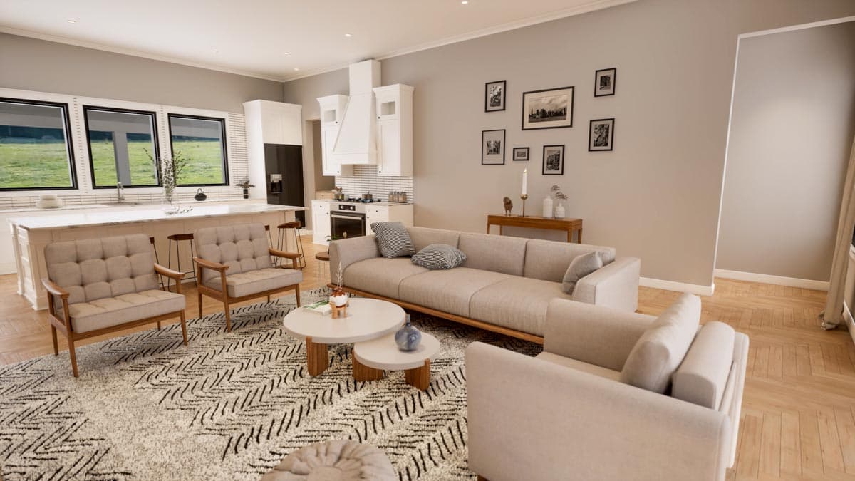 Interior rendering of a living room and kitchen with island, sofa, armchairs, and range hood.