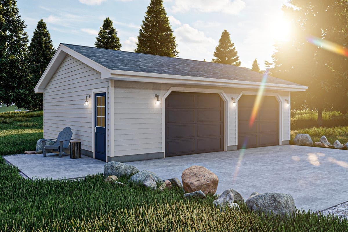House plan exterior with two-car garage. Features include a gable roof, two overhead garage doors, and a side entry door with sidelight.