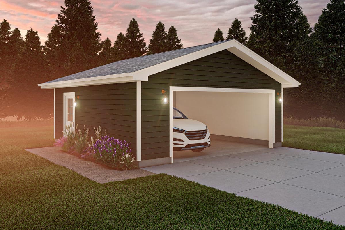 House plan exterior featuring a single-story garage with a gabled roof, a garage door, and a side entry door. Car parked inside.