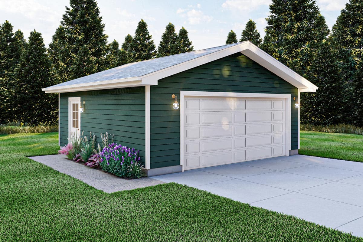 House plan exterior of a one-story garage with dark green siding, a white garage door, and a white-trimmed gable roof.