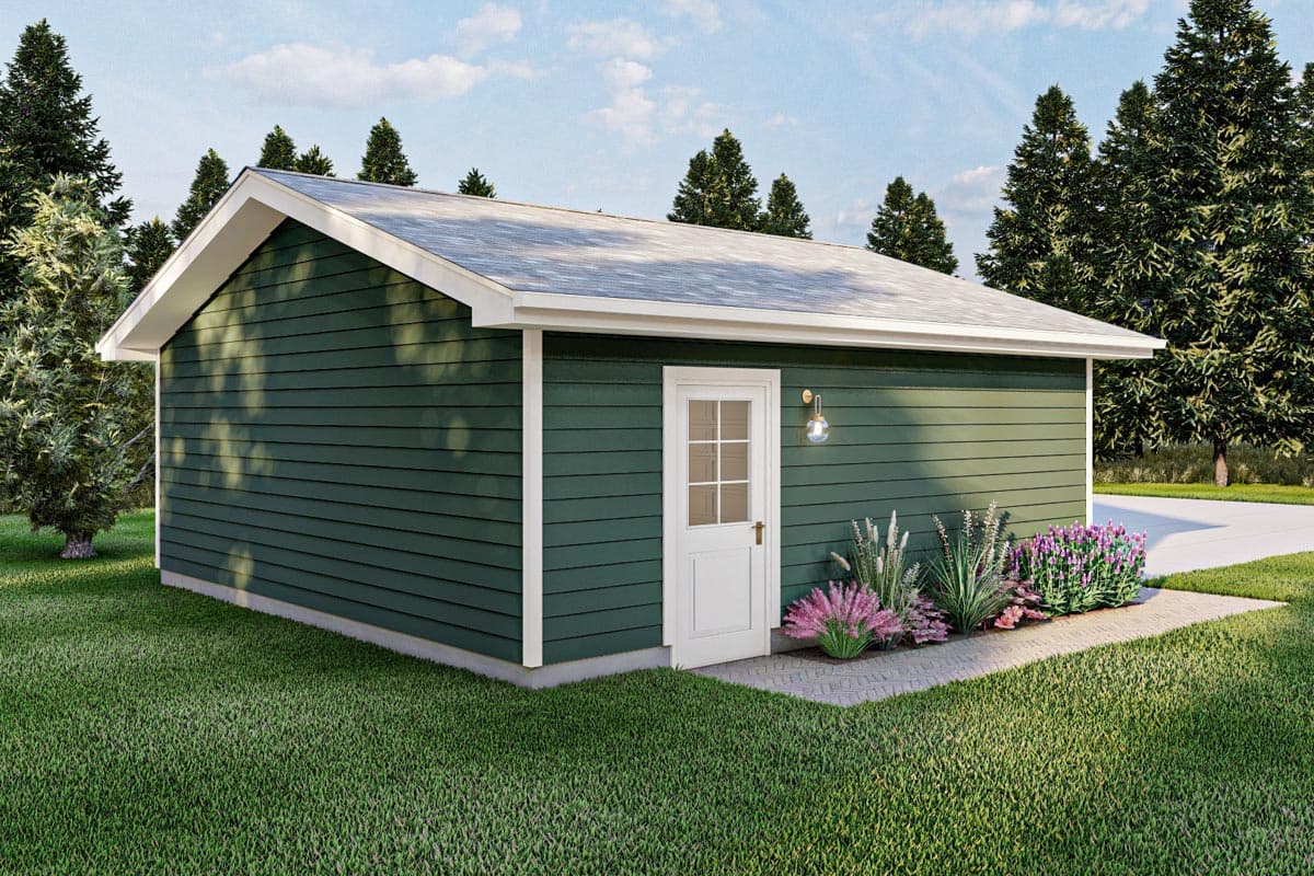 House plan exterior: one-story structure with a gable roof, dark green siding, white trim, and a single front door with a window.