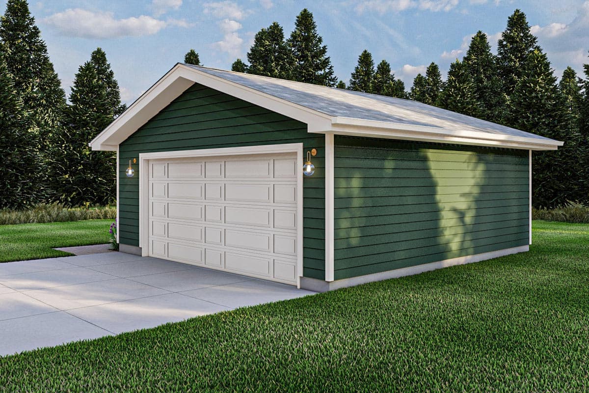 Modern garage plan exterior with green horizontal siding, white trim, gable roof, and a single garage door.