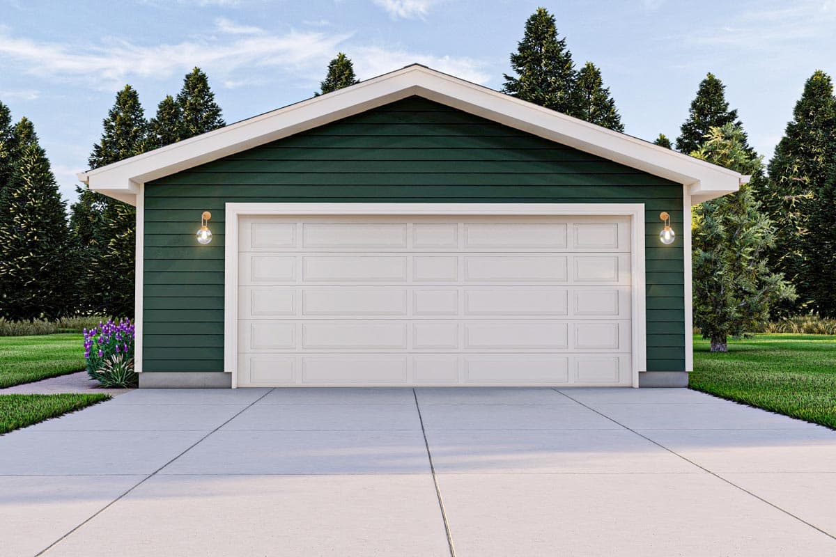 House plan exterior: Garage with white sectional door, dark green horizontal siding, and gable roof.