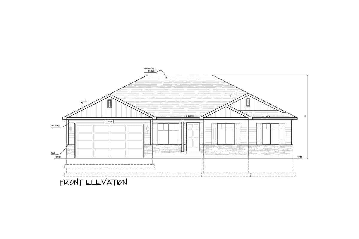 Front elevation house plan with vinyl siding, stone accents, large garage door, and covered entry.