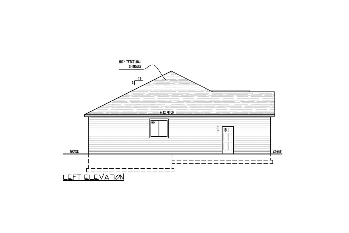 Left elevation of house plan showing 6:12 pitch roof with architectural shingles, a window, and a door.