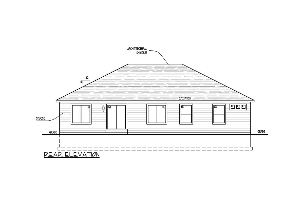 Rear elevation of a single-story house plan with stucco siding, a 6:12 pitch roof, and multiple windows.