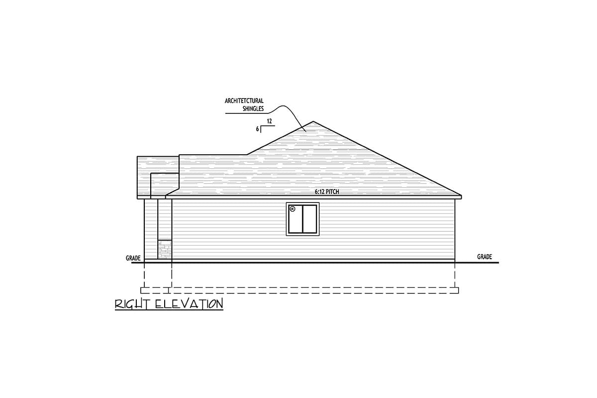 Right elevation house plan drawing showing a 6:12 pitch roof with architectural shingles and horizontal siding.