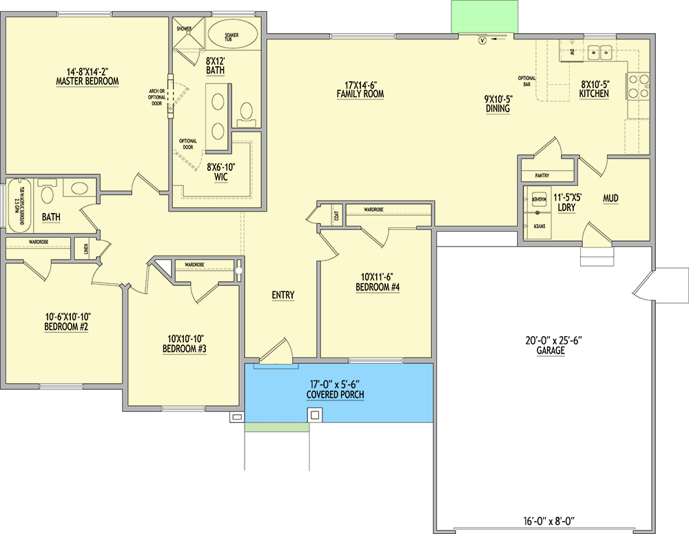 Plan 849021PGE: 4 Bed Ranch House Plan with 2-Car Garage - 505 Sq Ft - Floor Plan - Main Level - Ranch, Traditional