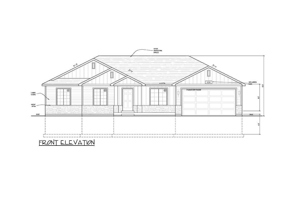 Front elevation house plan drawing showing a single-story ranch-style home with a gable roof, stone veneer, siding, and attached two-car garage.