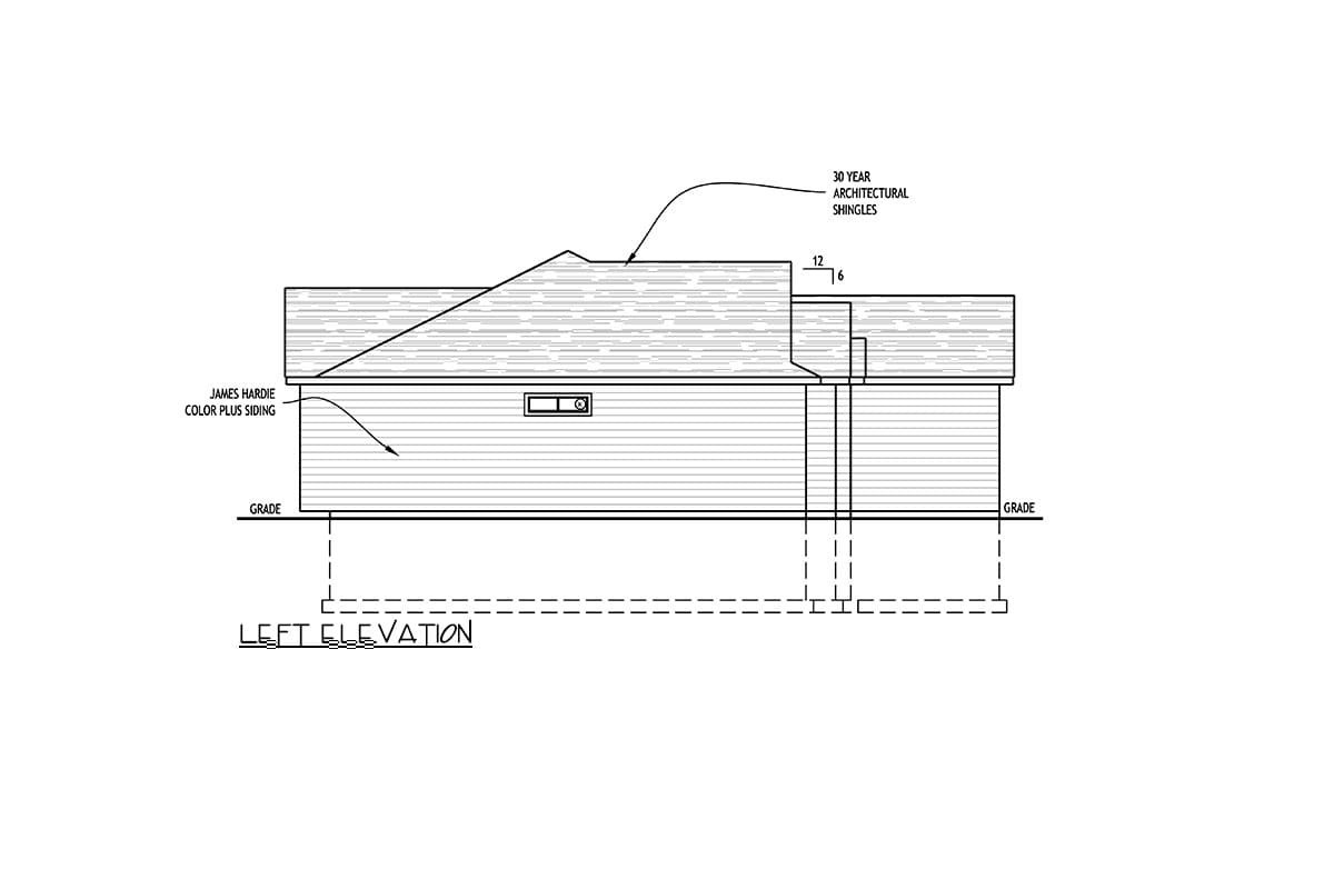 Left elevation house plan with James Hardie color plus siding and 30-year architectural shingles.
