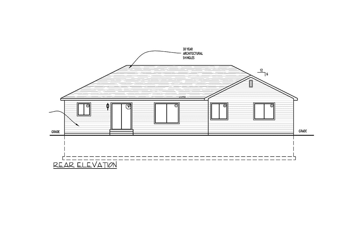 Rear elevation drawing of a single-story house with double doors, three windows, and architectural shingles.