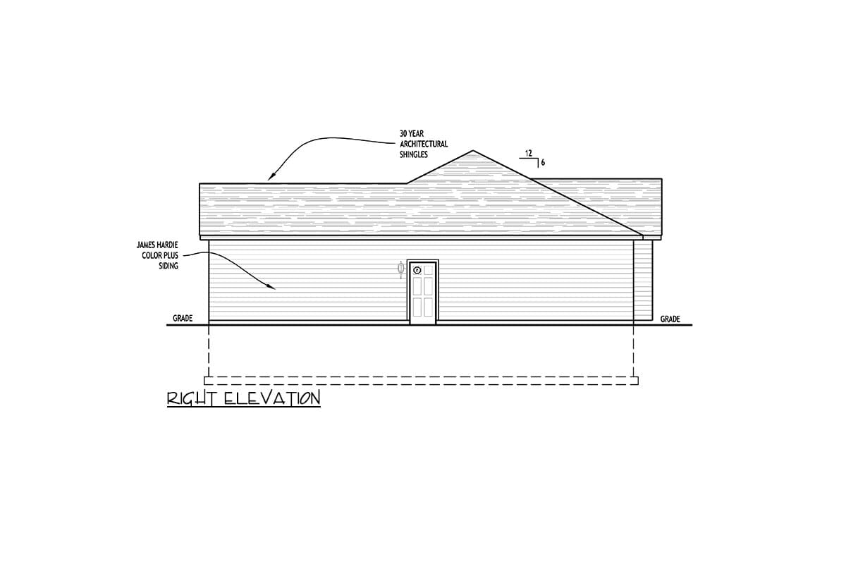 Right elevation drawing of house plan showing James Hardie siding and 30-year architectural shingles with 12/6 roof pitch.