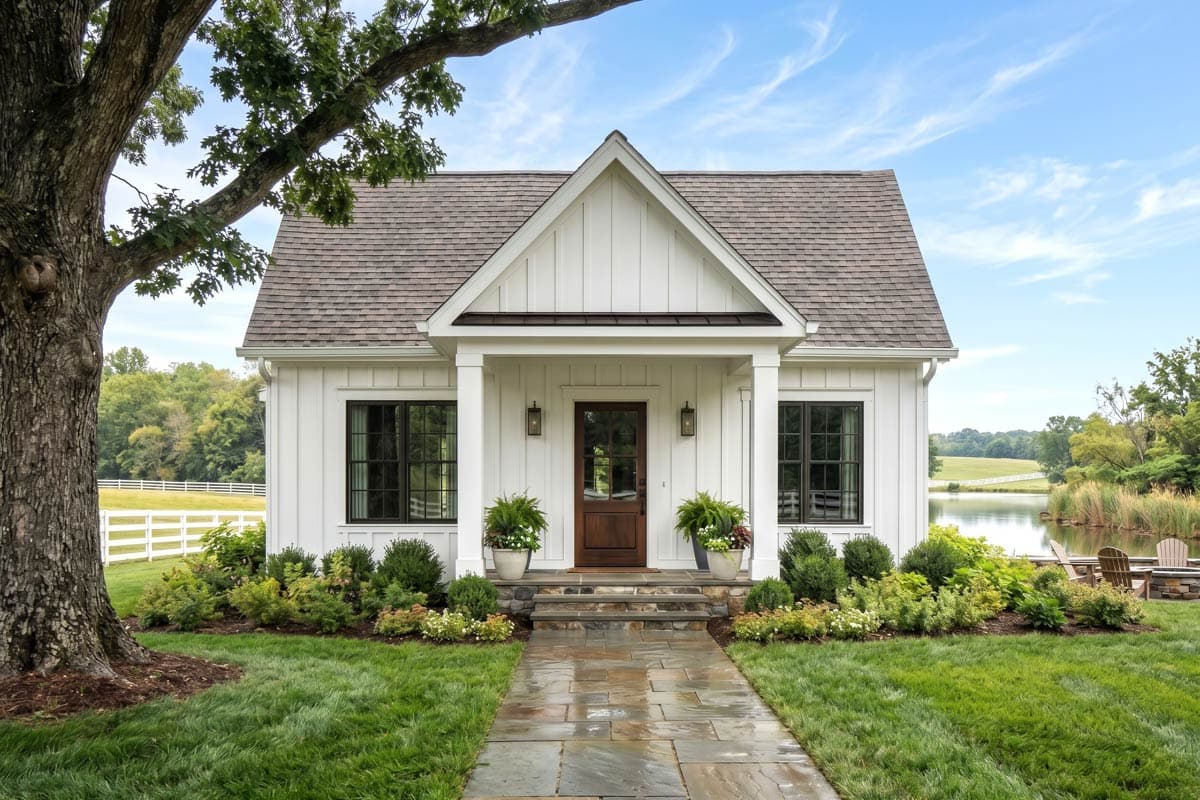 House plan exterior. White siding, gabled roof, and covered entry porch with columns. Features include dark-framed windows and a dark front door.