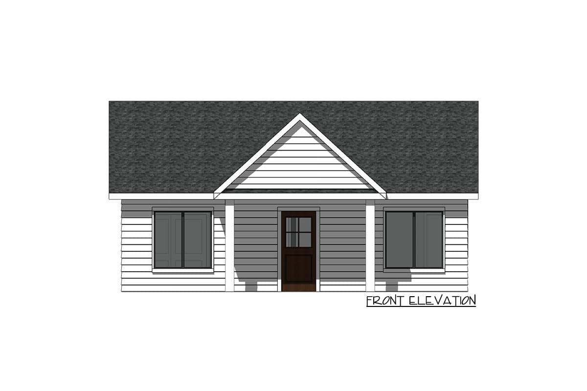 Front elevation drawing of a one-story house with a gable roof, central entry porch, and two side windows.