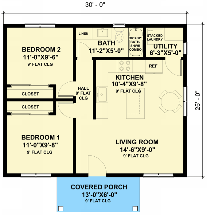 Plan 420119WNT: 2-Bed Traditional Cottage ADU  - 750 Sq Ft - Floor Plan - Main Level - Cabin, Cottage, Country, Modern Farmhouse, Traditional, Vacation
