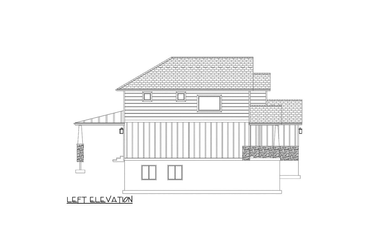Left elevation drawing of a two-story house with a covered porch, stone-clad foundation, and multi-level rooflines.