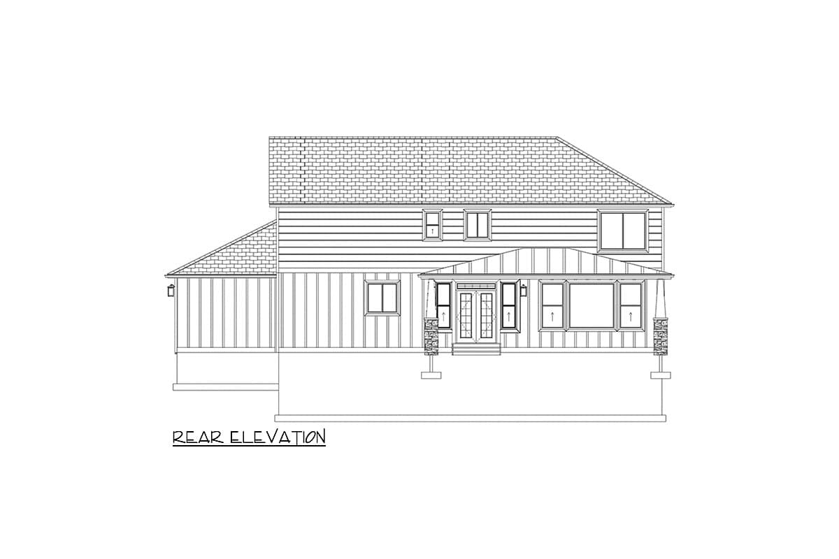 Rear elevation of a two-story house plan featuring a covered porch with double doors, horizontal siding, and a sloped roof.