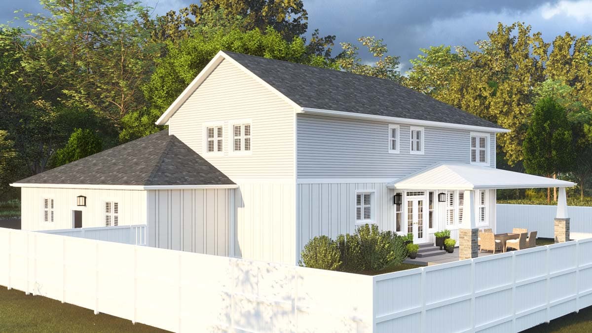 House plan exterior: two-story home with gabled roof, covered patio, and white vinyl fence.