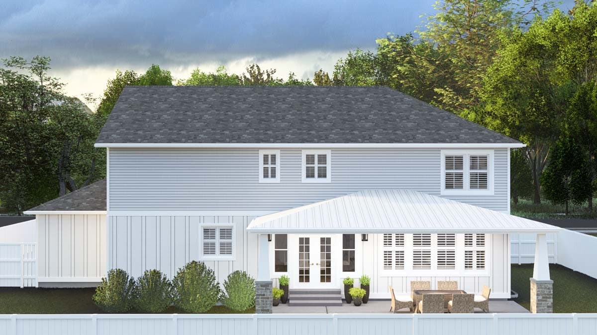 Two-story house plan exterior with gabled roof, siding, double doors, and covered patio with seating area.