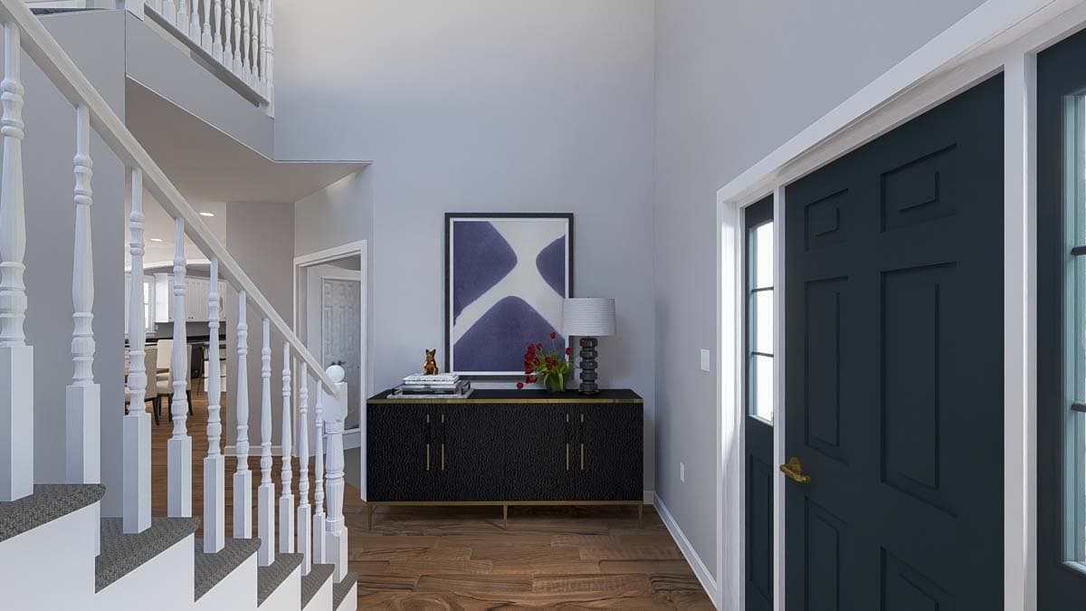Interior rendering of a home entryway featuring a dual-paneled front door, carpeted stairs, and a vaulted ceiling.