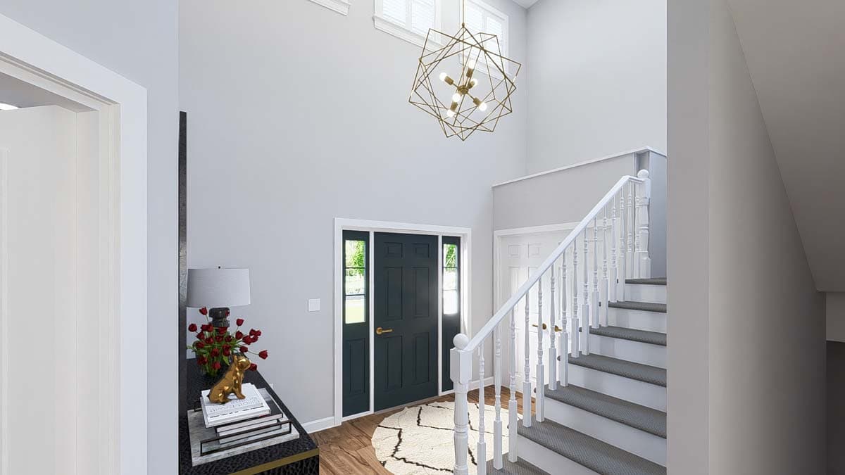 Interior rendering of a foyer with a double door entry, staircase, and a geometric chandelier.