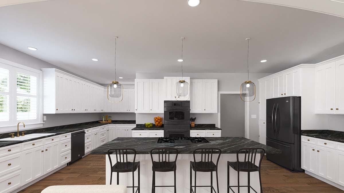 Kitchen rendering with white cabinetry, a large island with seating, black appliances, and pendant lighting.