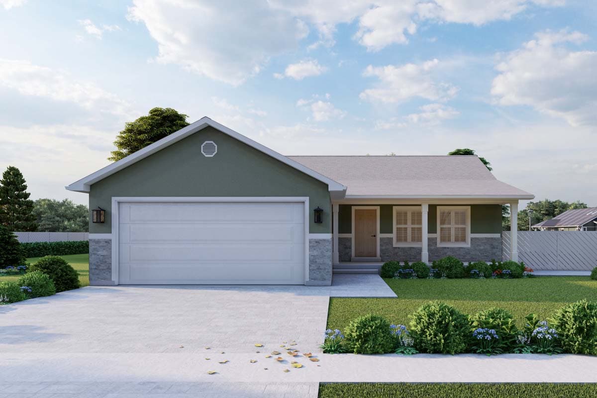 House plan exterior featuring a single-story Ranch style home with a two-car garage, front porch, and gabled roofline. Gray stone accents are visible.