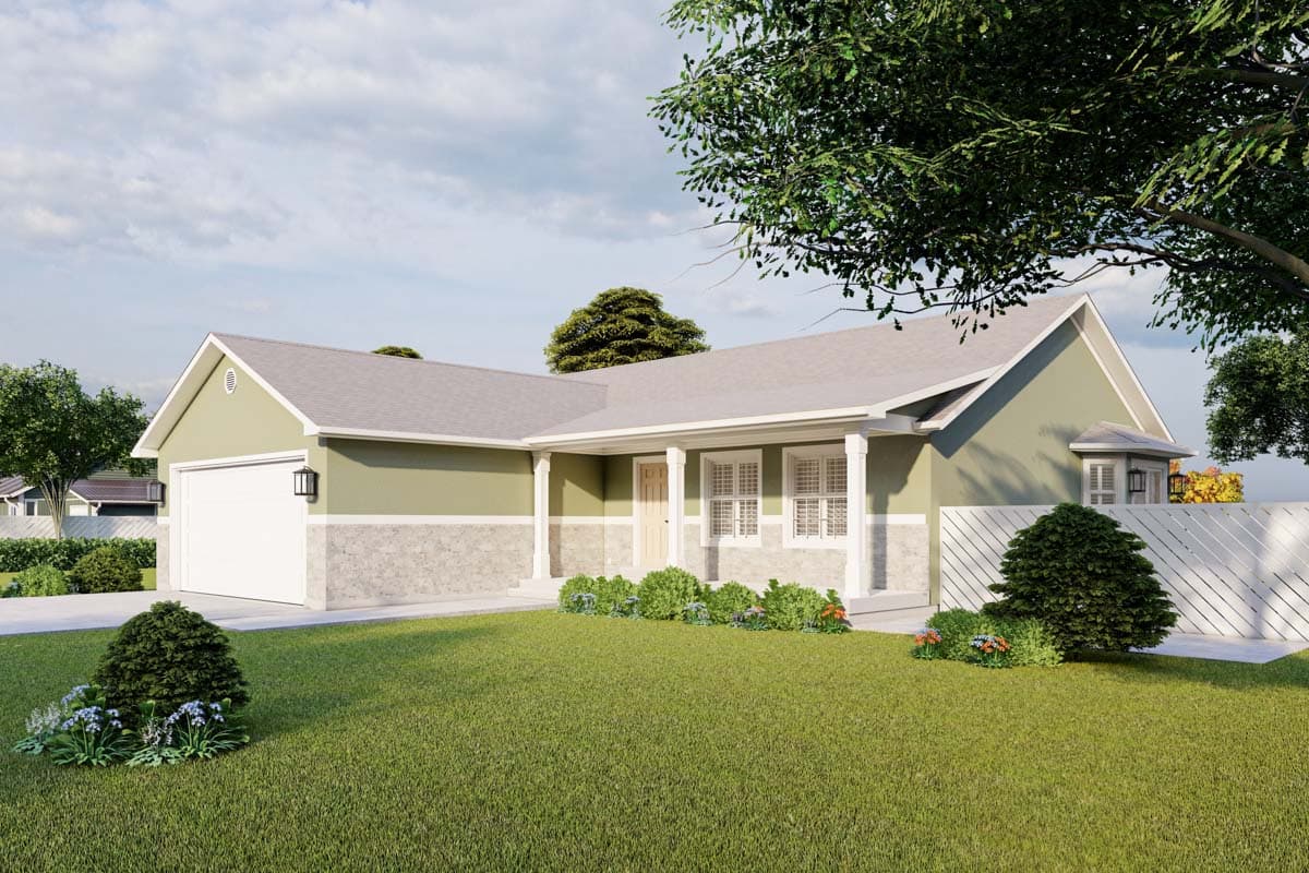 House plan exterior, single-story home with attached garage, covered porch, and a hip roofline.