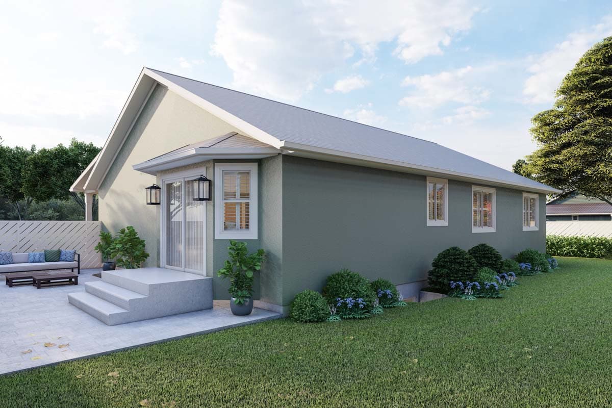 House plan exterior, single-story ranch style with gabled roof, patio access with sliding doors, and multiple windows.